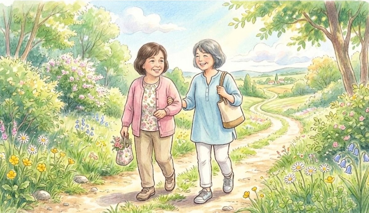 晴れた小道を年上と年下の女性が並んで歩く水彩イラスト