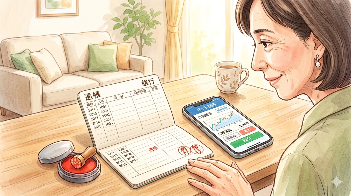 紙の通帳とスマホを見比べるイラスト