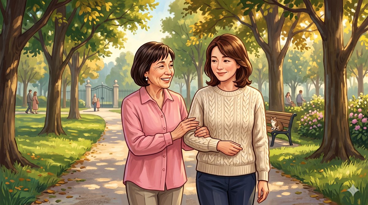 晴れた道を年上と年下の女性が並んで歩くイラスト