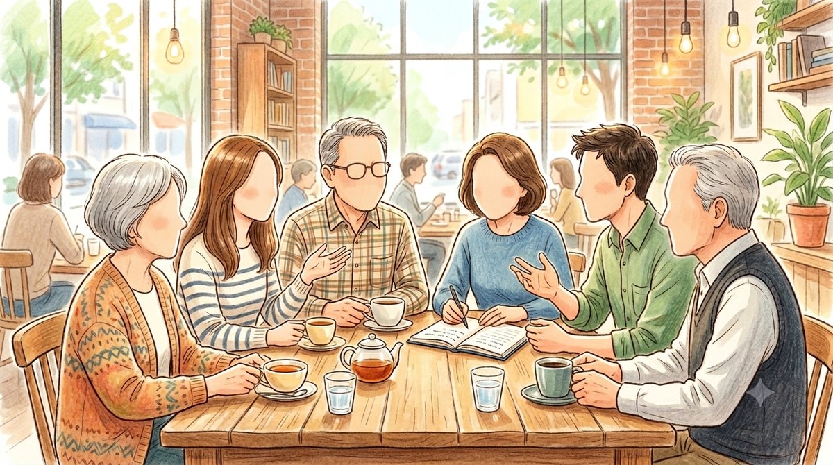 カフェのテーブルで世代を超えて語り合う人々のイラスト