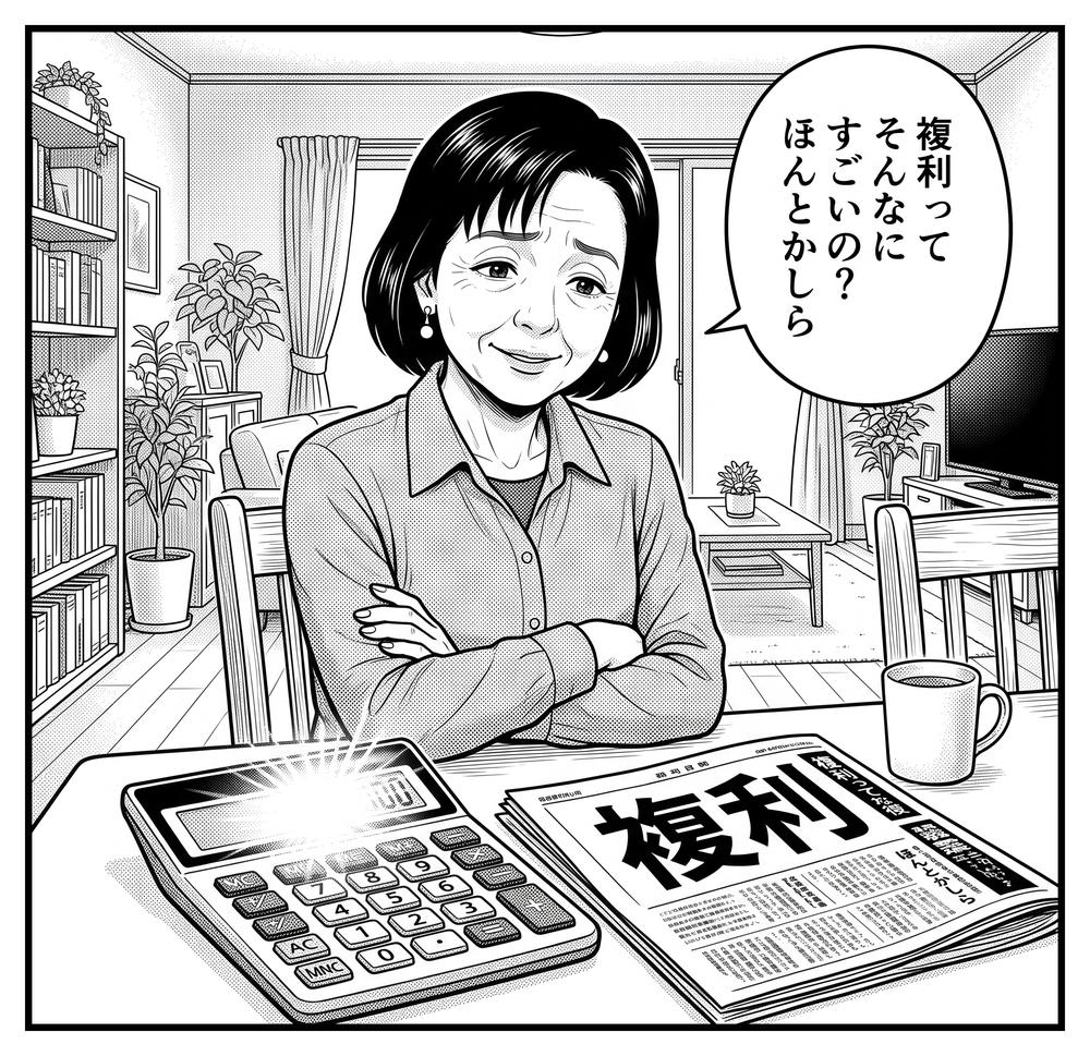 4コマ漫画「電卓ドッキリ」1コマ目:複利ってそんなにすごいの?と半信半疑で電卓の前に座る女性