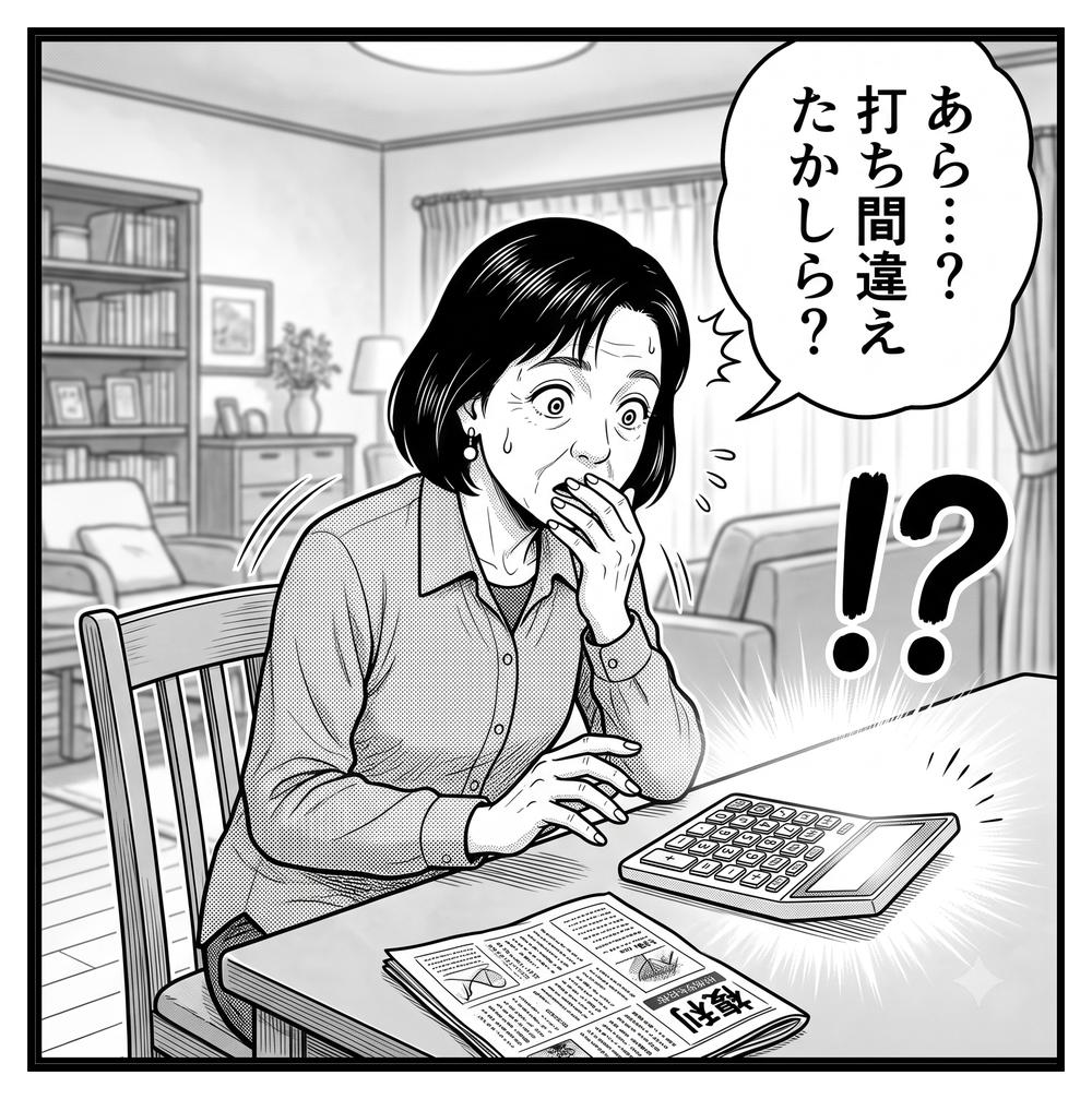 4コマ漫画「電卓ドッキリ」2コマ目:電卓の答えを見て「あら…?打ち間違えたかしら?」と目を丸くする