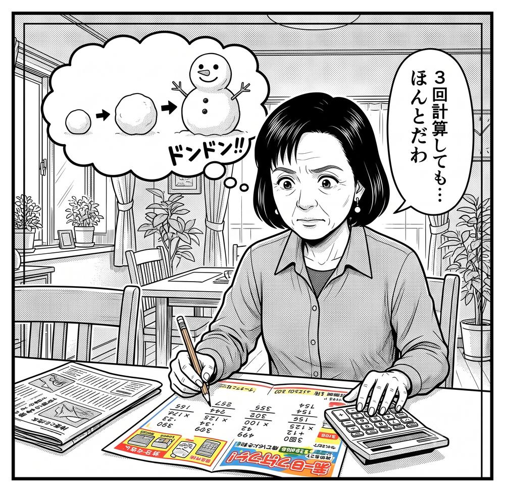 4コマ漫画「電卓ドッキリ」3コマ目:チラシの裏で3回計算し直して「ほんとだわ」。頭の中では雪だるまがどんどん育つ