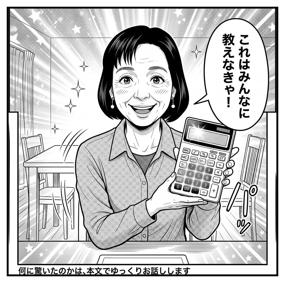 4コマ漫画「電卓ドッキリ」4コマ目:ニンマリ笑って「これはみんなに教えなきゃ!」