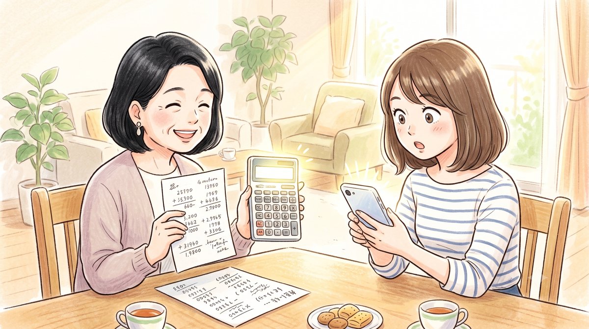 70代の私がチラシの裏の計算メモと電卓を見せ、30代の知り合いがスマホのAIの答えに目を丸くして驚いているイラスト