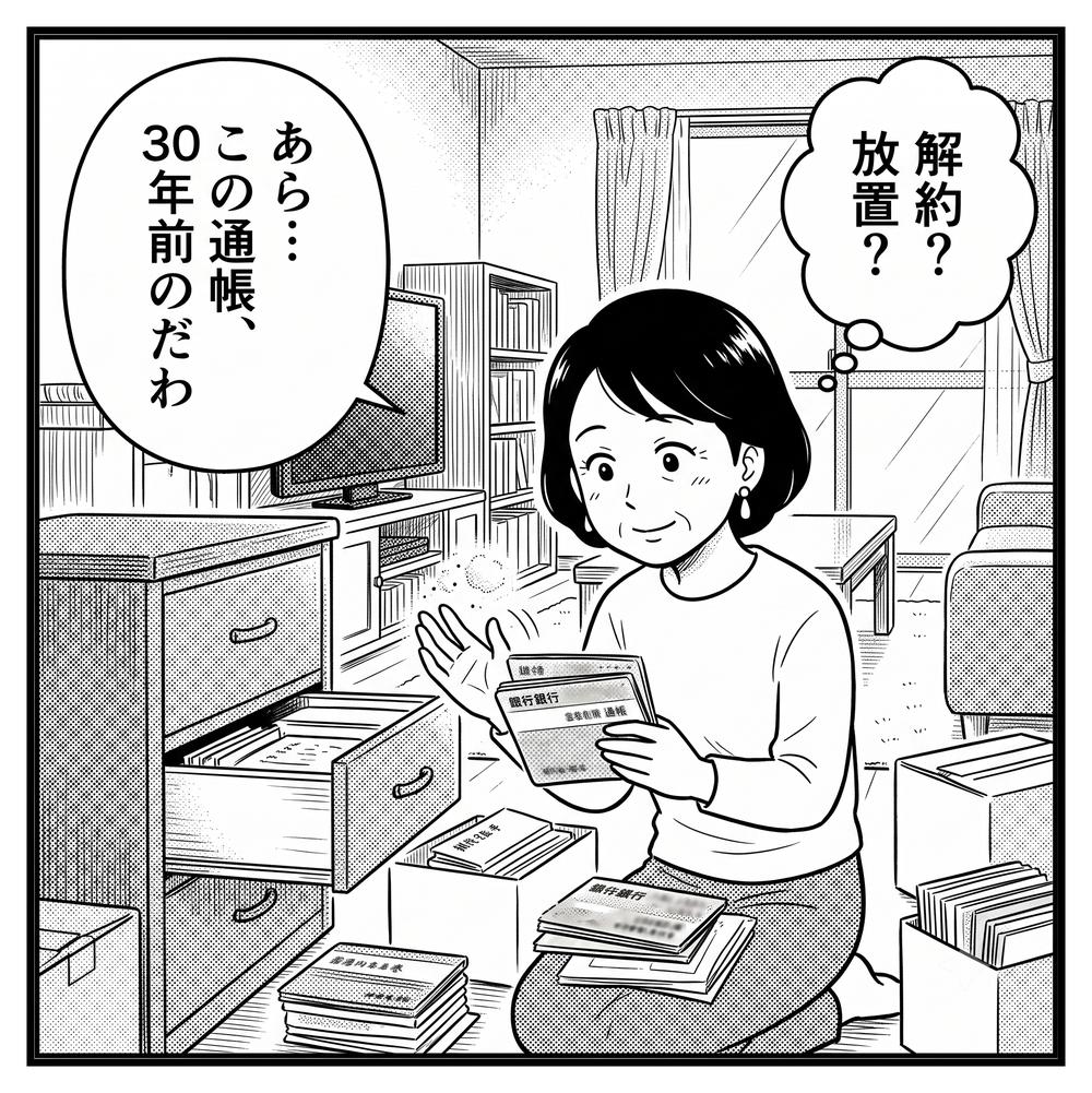 4コマ漫画1コマ目:タンスの引き出しから30年前の通帳が出てきて「解約?放置?」と悩む