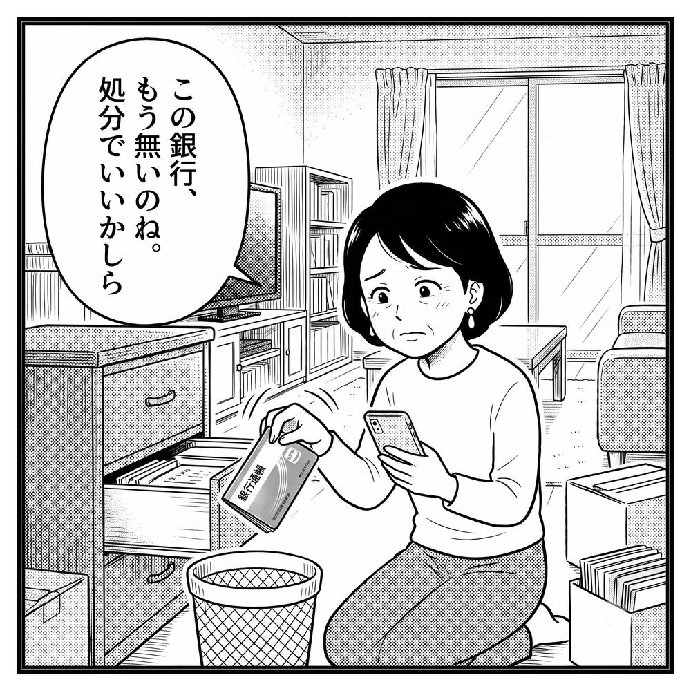 4コマ漫画2コマ目:この銀行もう無いのねと、通帳をゴミ箱の上で処分しかける