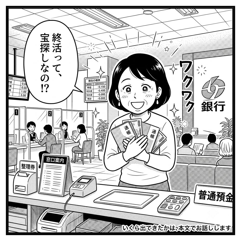 4コマ漫画4コマ目:銀行で通帳とお金を受け取り「終活って、宝探しなの!?」