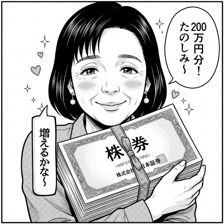 200万円分の株券を抱えて嬉しそうなキコさん