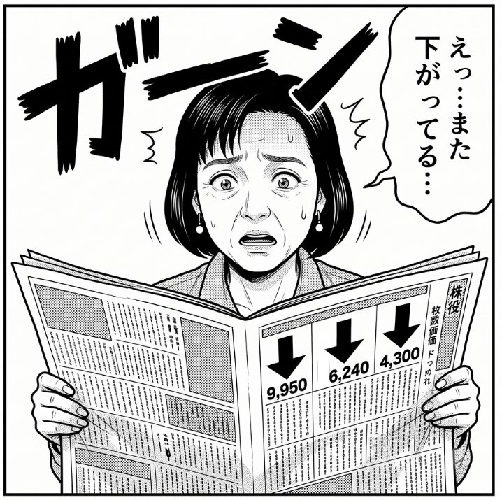 新聞を見て株価の下落にショックを受けるキコさん