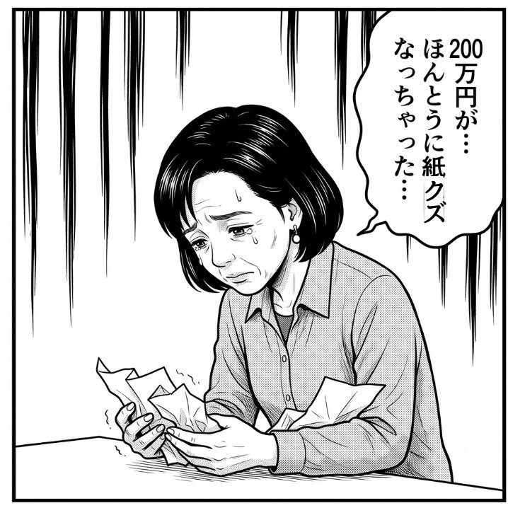 200万円分の株券が紙クズになってしまい肩を落とすキコさん