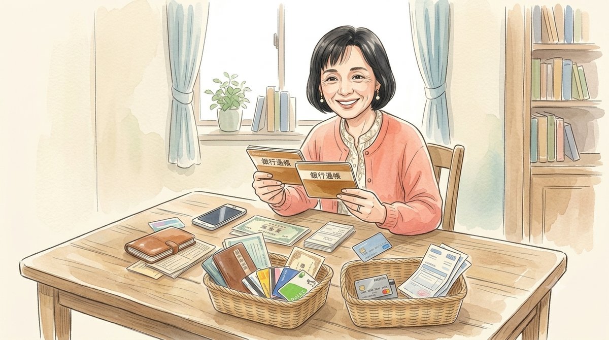 通帳やカードを手に、わが家の金融資産を書き出しているイラスト