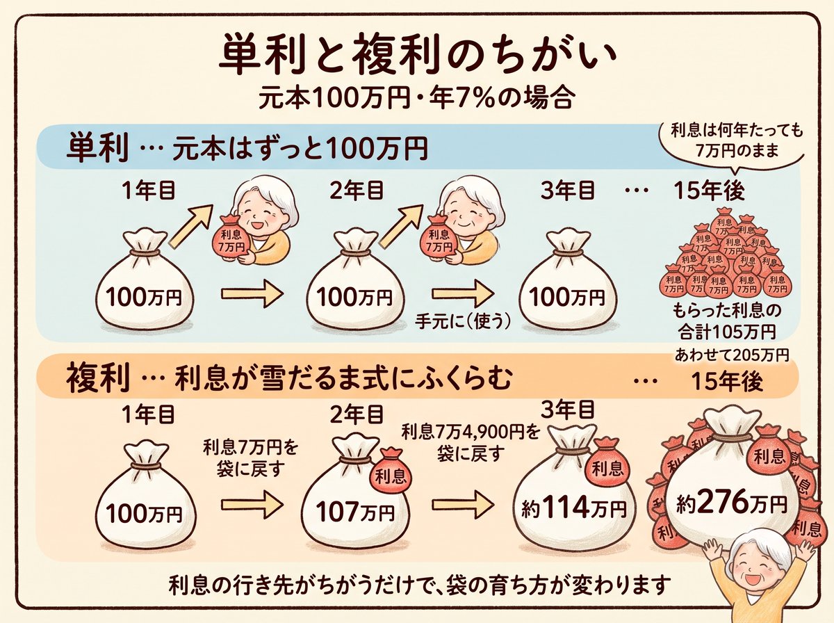 単利と複利のちがいの図解。単利は元本100万円のままで利息は毎年7万円。複利は利息を袋に戻すたびに袋がふくらみ、15年後には約276万円になる
