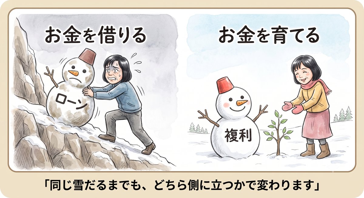 お金を借りる側は坂道で「ローン」の雪だるまを汗だくで支え、お金を育てる側は「複利」の雪だるまをにこにこと見守っている対比のイラスト