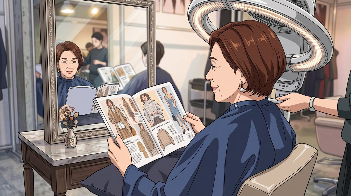 美容院で毛染めをしながらファッション誌を読む73歳の女性